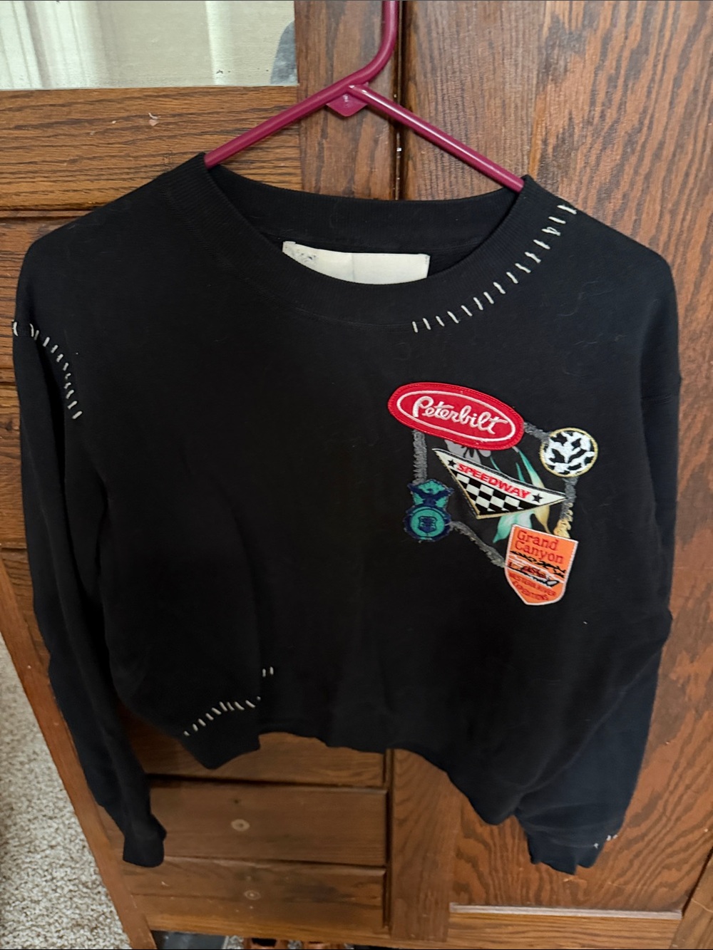 Free people/riley Black Embroidered Patch Crewneck Sweater